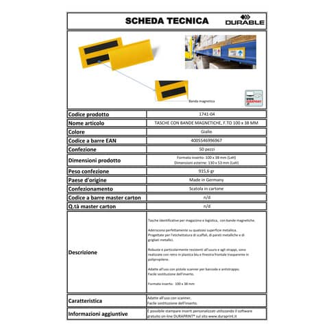 Tasche per identificazione a fissaggio magnetico DURABLE 113x53 mm giallo Conf. 50 pz - 1741-04